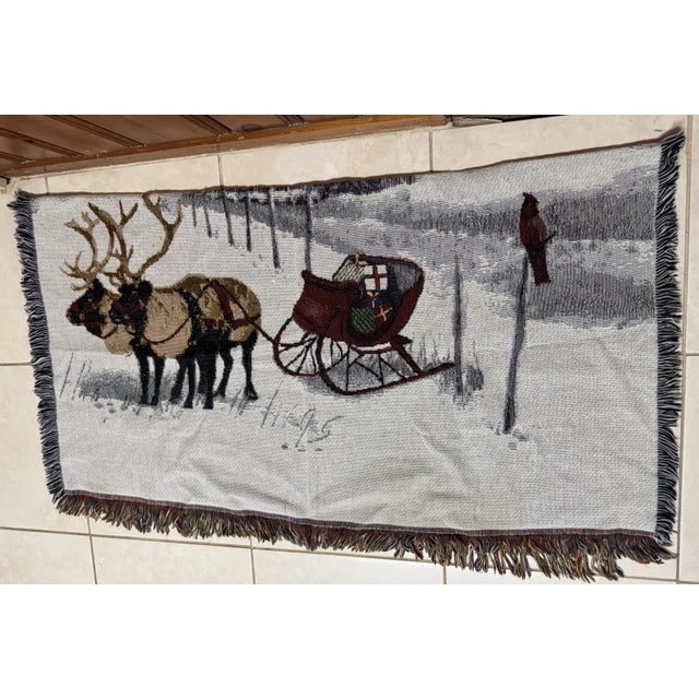 Gray Vintage Winter Reindeer & Sleigh Woven Tapestry Throw With Fringe For Sale - Image 8 of 15