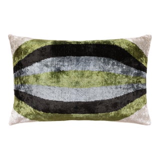 Handmade Olive Green & Charcoal Ikat Velvet Lumbar Pillow 16x24 | Modern Organic Accent For Sale
