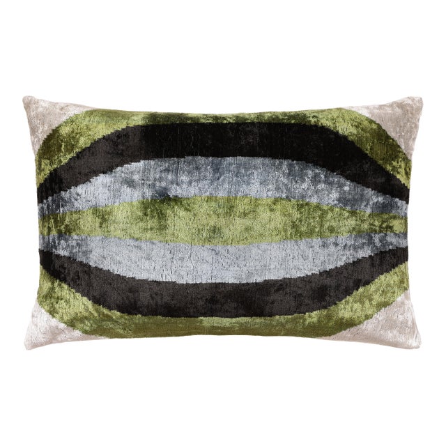 Handmade Olive Green & Charcoal Ikat Velvet Lumbar Pillow 16x24 | Modern Organic Accent For Sale