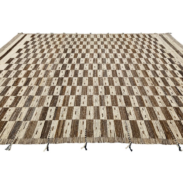 Textile Modern Moroccan Style Checkerboard Wool Rug in Natural Ivory and Chocolate Brown For Sale - Image 7 of 11