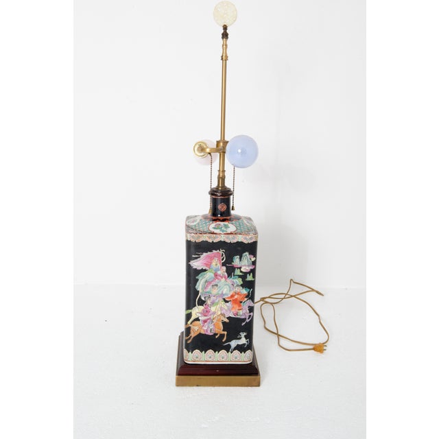 Ceramic 1950s Asian Chinoiserie Ceramic Table Lamp, Black with Scenic Design For Sale - Image 7 of 13
