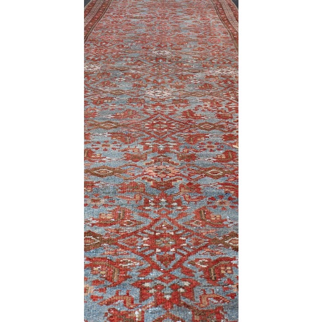 Tribal Persian Malayer Runner With Sub-Geometric Design in Blue, Red and Taupe 3.9 X 12.10 For Sale - Image 3 of 13