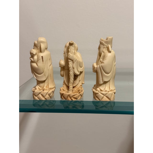Vintage Carved Resin Chinese Sanxing Deity Figurines, Fuk, Luk, and Sau, Taoist Icons of Blessings, Prosperity and Longevity- Set of 3 For Sale - Image 6 of 12
