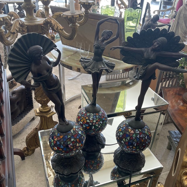 Set of 3 Vintage Composite and Stained Glass Lamps a Dancer For Sale - Image 10 of 11