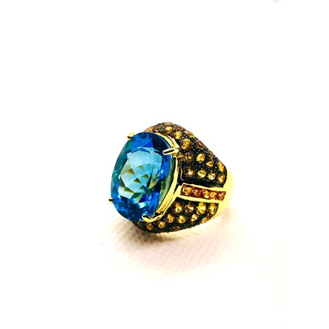 Late 20th Century Bochic "Orient" Vintage London Blue Topaz & Sapphire Ring Set 18K & Silver For Sale - Image 5 of 8
