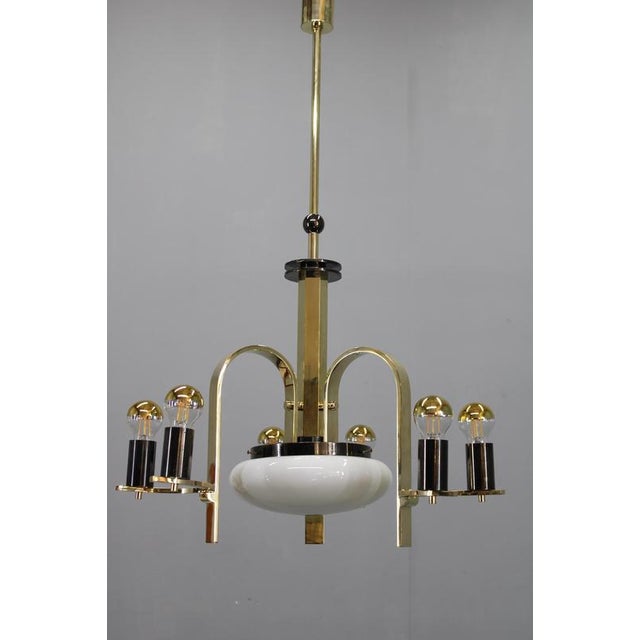 Vintage Art Deco Brass Chandelier with Milk Glass Center, 1930s For Sale - Image 3 of 16