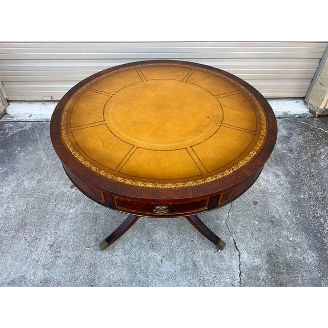 Antique Federal Style Flame Mahogany Leather Top Drum Table. For Sale - Image 9 of 11