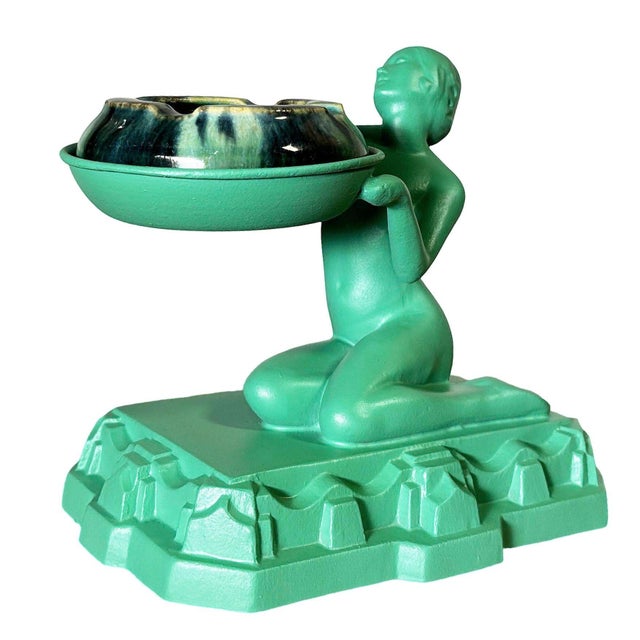 Art Deco 1920s Green Enamel Nuart Nude Female Ashtray With McCoy Ashtray For Sale - Image 3 of 6