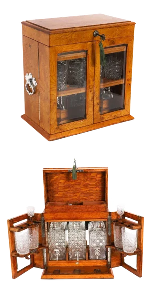Antique Pollard Oak Tantalus with Crystal Decanters, 19th Century, Set of 4