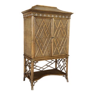 Coastal Rattan Pagoda Fretwork Chippendale Style Two Door Armoire Cabinet For Sale