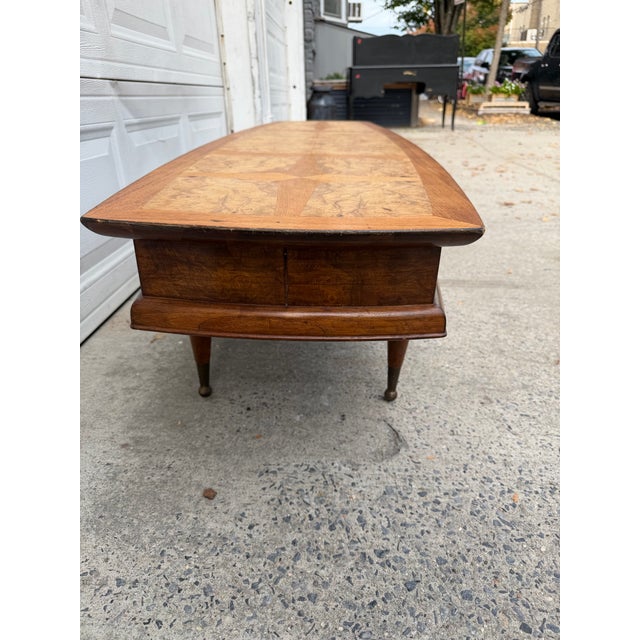 Wood Vintage Mid-Century Modern Burl Wood Coffee Table With Inlaid Top, Tapered Legs and Brass Feet For Sale - Image 7 of 12