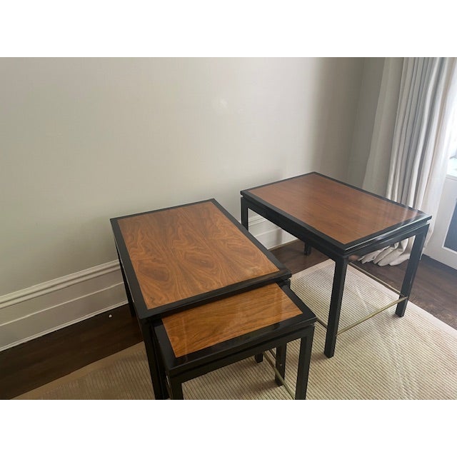 Mid-Century Modern Edward Wormley for Dunbar Walnut, Ebonized Wood & Brass Nesting Tables With Companion Side Table, Set of 4 For Sale - Image 3 of 9