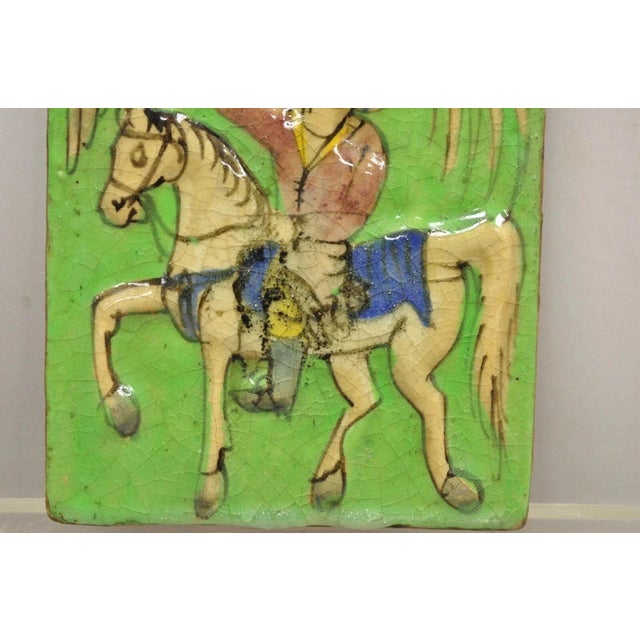 Early 20th Century Antique Persian Iznik Qajar Style Ceramic Pottery Green Tile Phoenix W/ Rider C4 For Sale - Image 5 of 10