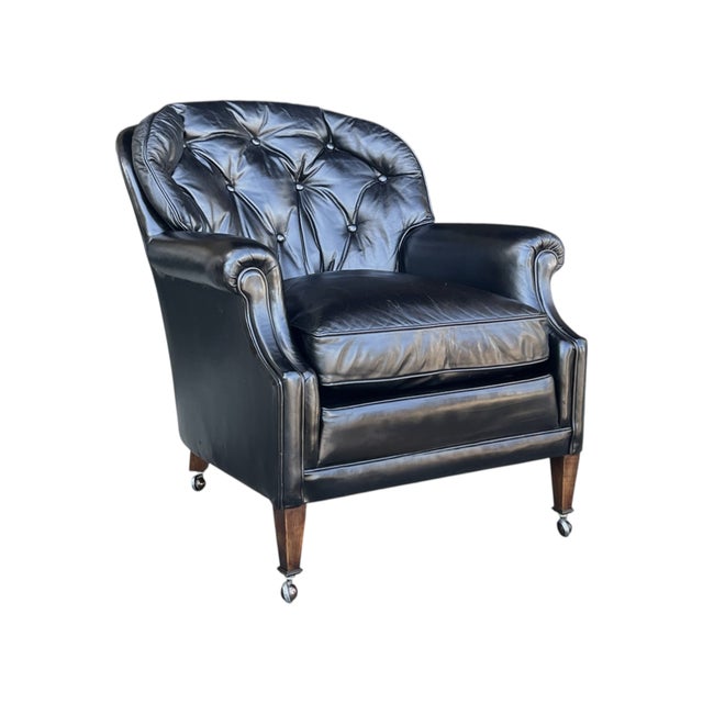 Vintage English Black Leather Club Chair With Tufted Back & Casters For Sale - Image 4 of 12