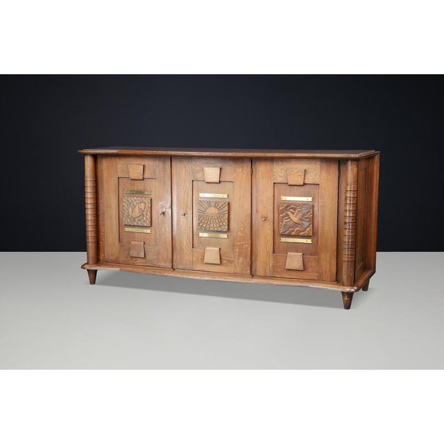 French Art Deco Oak and Brass Sideboard with Carved Reliefs, 1930s For Sale - Image 16 of 18