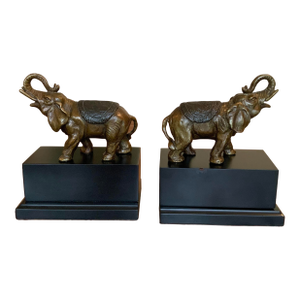 Pair Bronze Elephant Bookends on Black Base for Palm Beach Regency, Ralph Lauren Style, British Colonial or Chinoiserie Styles