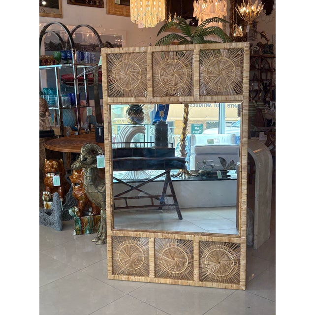 Vintage Palm Beach Spun Woven Wicker Rattan Sunburst Starburst Wall Mirror Large For Sale In West Palm - Image 6 of 11