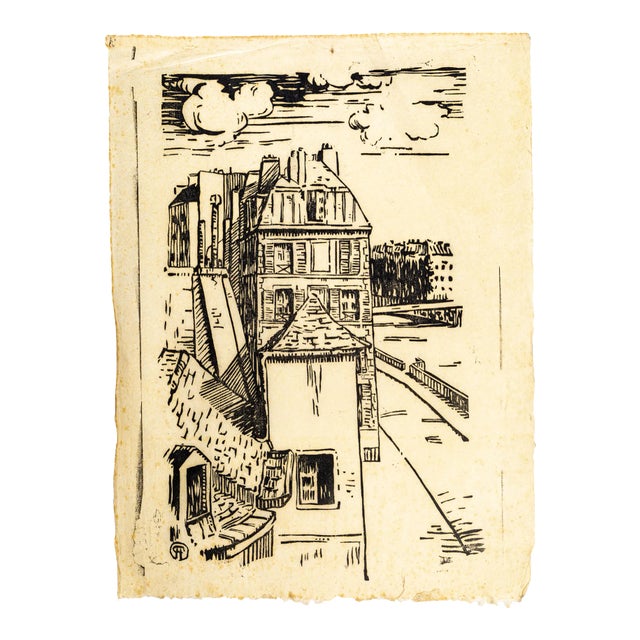 House on The River - Original Woodcut - First Half of 20th Century First Half of 20th Century For Sale