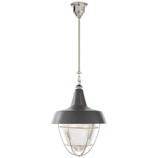 Henry Industrial Hanging Light in Polished Nickel and Green Shade with Industrial Prismatic Glass Designer: Thomas O'Brien...
