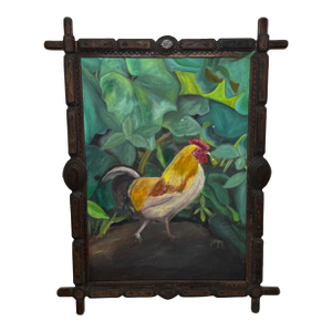 Rubio the Golden Blonde Rooster C1930s Catalan Rustic Folk Art Oil Painting in Original Frame