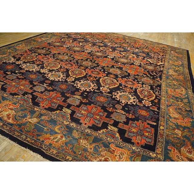 Tribal 1890s Blue Navy Geometric Tribal Antique Persian Malayer Rug 12' X 13'9" Handknotted Wool Carpet For Sale - Image 3 of 6