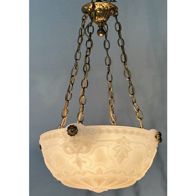 Metal Neoclassical Style Cast Glass and Brass Pendant Light Fixture, Circa 1910 For Sale - Image 7 of 9