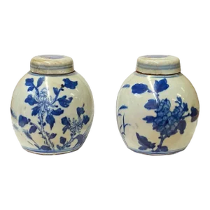 Pair Blue White Mini Oriental Flowers Graphic Porcelain Ginger Jars