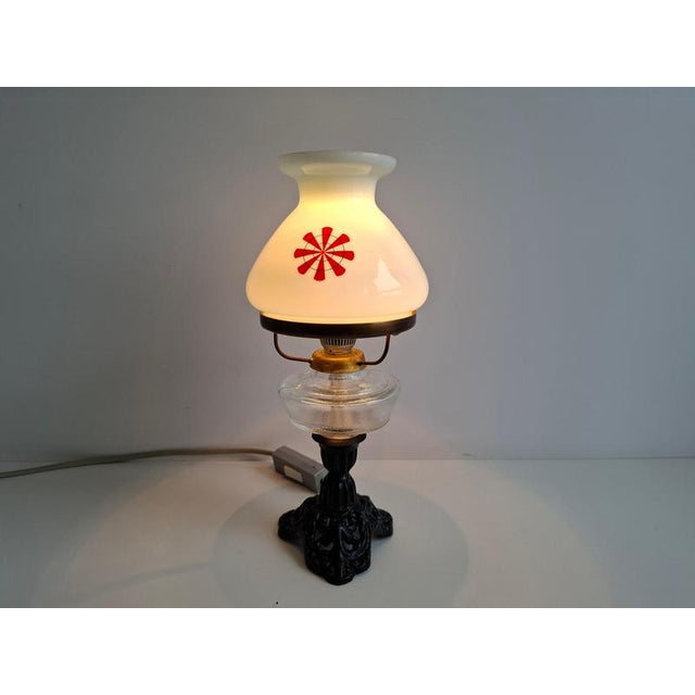 Metal Oil Lamp Style Table Lamp in Milk Glass, Former Czechoslovakia, 1960s For Sale - Image 7 of 15
