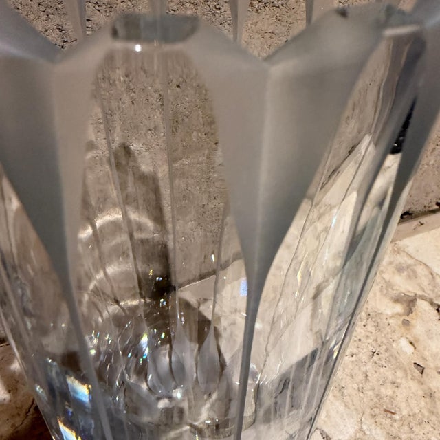 AMBIANIC presents 1970s Crystal Vase Scandinavian Ribbed Art Glass Scalloped edge Unmarked 10.25 x 4.5 diameter Original...