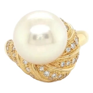 Mid 20th Century Mikimoto Diamond Pearl Cocktail Ring 18k Yellow Gold Size 5.5 For Sale