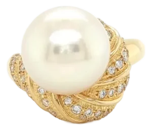 Mid 20th Century Mikimoto Diamond Pearl Cocktail Ring 18k Yellow Gold Size 5.5