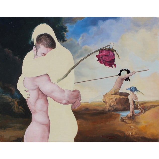 The Embrace by John Tarantola | Oil on Panel Painting of two figures embracing with surreal elements For Sale