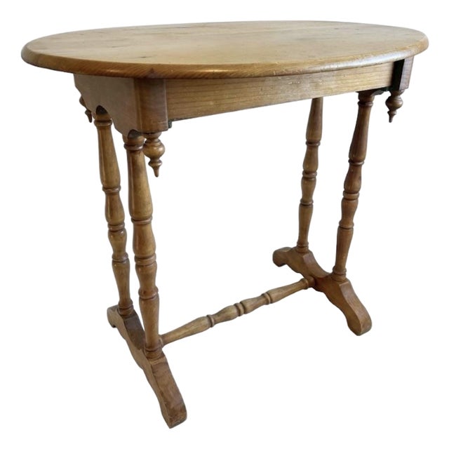 Late 19th Century Grover B. Horton Country Pine Oval Side Table With Turned Spindle Legs & Drop Finials For Sale