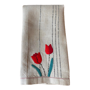 Vintage Linen Hand-Appliqued Tulip Tea Towel