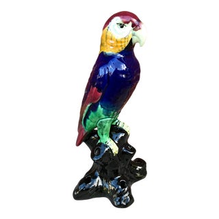 Vintage Glazed Ceramic Parrot Figurine For Sale