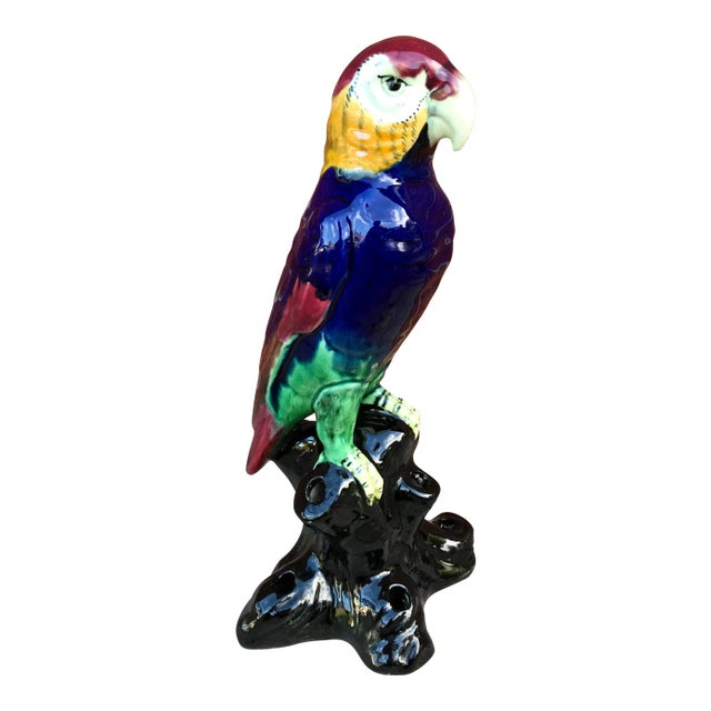 Vintage Glazed Ceramic Parrot Figurine For Sale