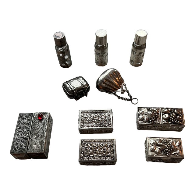 Large Collection of Antique Silver Makeup, Lipstick, Snuff and Pill Boxes With Perfume Bottles For Sale