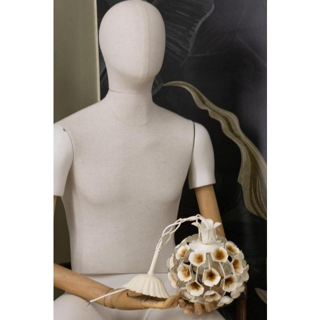 Brown Hollywood Regency French White Flower Metal Pendant Light, 1960s For Sale - Image 8 of 15