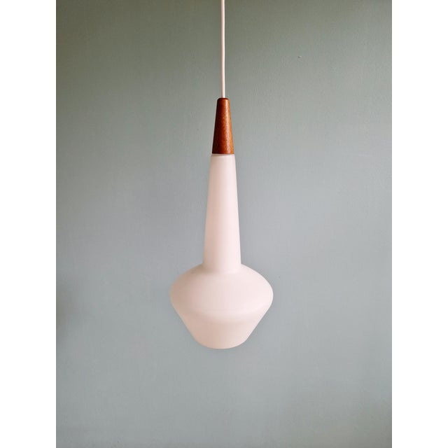 Tan Scandinavian Pendant Light in Satin White Opaline Glass and Teak, 1960s For Sale - Image 8 of 14