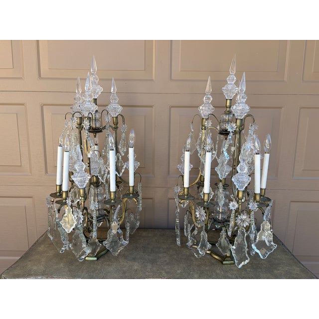 Early 20th Century French Brass & Crystal Six-Light Girandole Lamps - Pair For Sale - Image 15 of 17