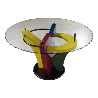 Late 20th Century Postmodern Dining Table Geometrical Pedestal Base & Round Scalloped Glass Top Style of Memphis Group For Sale