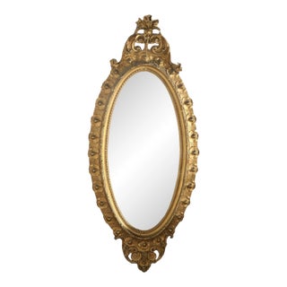 Oversized Gold Giltwood Oval Parlor Mirror with Foliate & Floral Crest, Circa 1890 For Sale