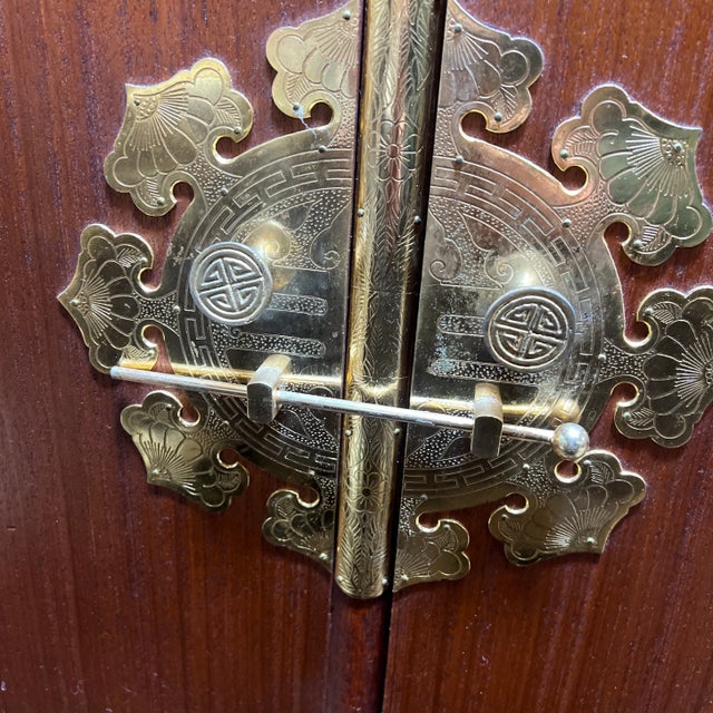 Large Vintage Teak & Brass Korean Style Chest Buffet Bar For Sale - Image 12 of 13