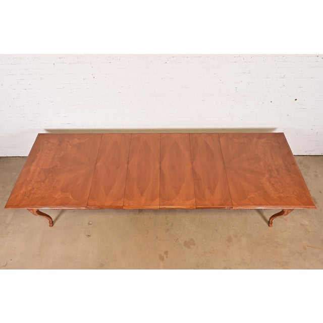 Baker Furniture Company Baker Furniture Italian Provincial Carved Cherry and Burl Wood Extension Dining Table, Newly Refinished For Sale - Image 4 of 17