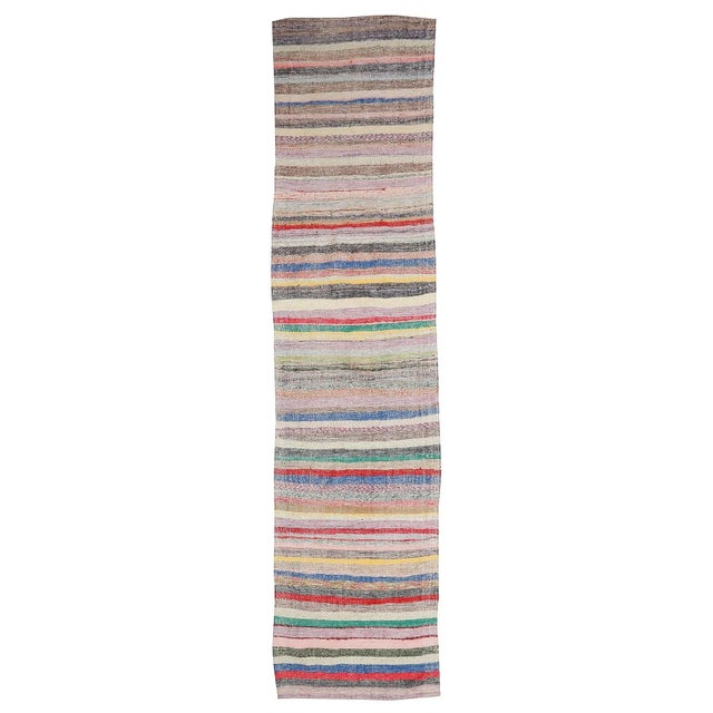 Textile Mid 20th Century Colorful Striped Vintage Rag Runner For Sale - Image 7 of 7