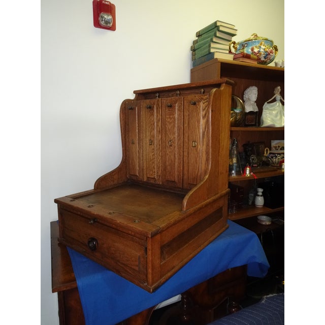 English Antique McCaskey Counter Top File Cabinet Register ~W Drop Down Drawers & Tray For Sale - Image 3 of 16