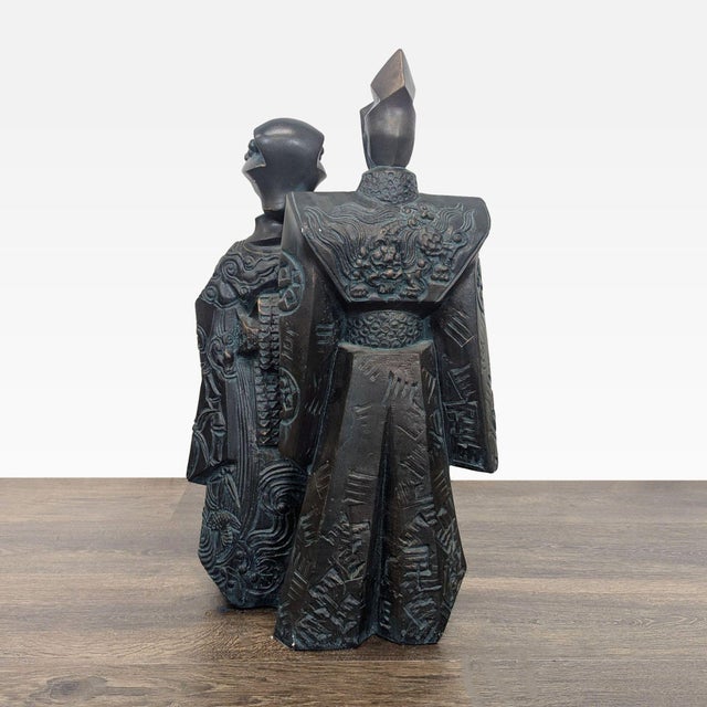 Japanese Tomoe & Hime Japanese Couple Sculpture – Dark Finish, Intricate Detailing For Sale - Image 3 of 5
