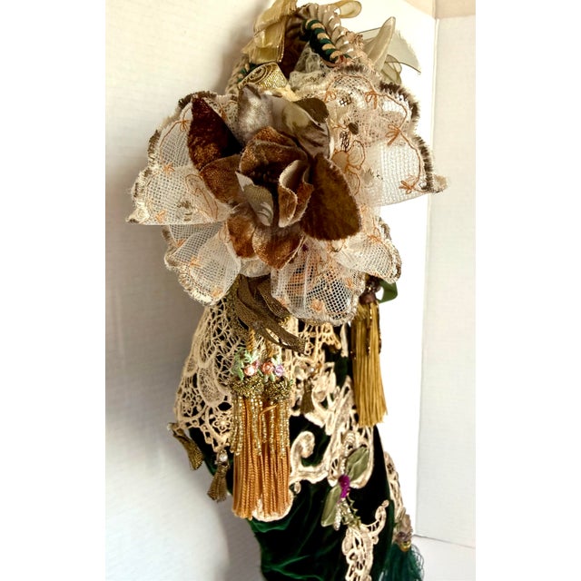 Emerald Handmade Victorian Style Emerald Green Velvet Christmas Stocking With Cherub & Lace For Sale - Image 8 of 13