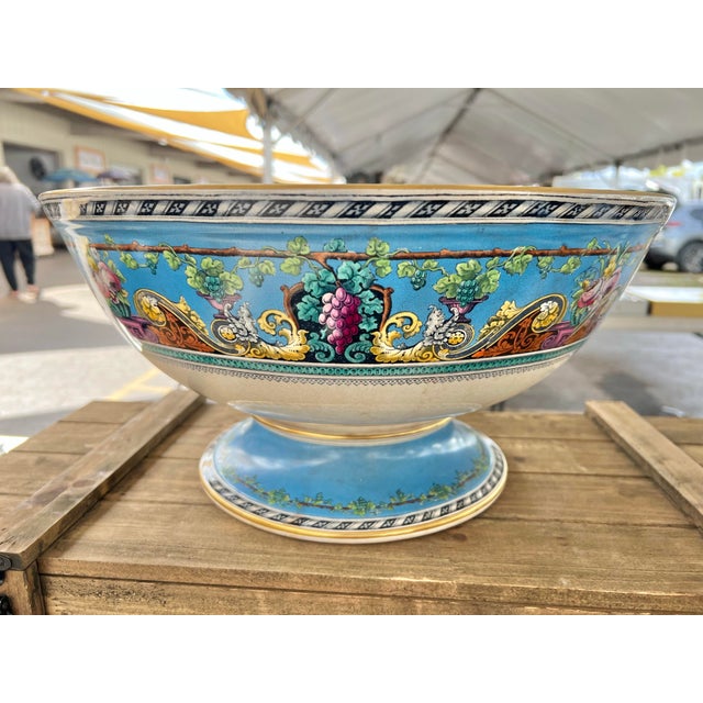 Victorian Large Antique Turquoise Blue Footed Vine & Scroll Punch Bowl For Sale - Image 3 of 10