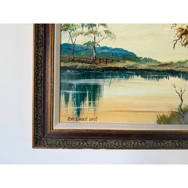 Wood 1980’s Vintage Rockwell Kent Tropical Lake Landscape Oil on Board Painting, Framed For Sale - Image 7 of 12